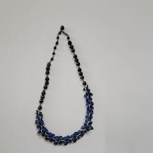 Vintage Black Hematite Style Beaded Necklace With Blue Glass Accent Toggle Clasp